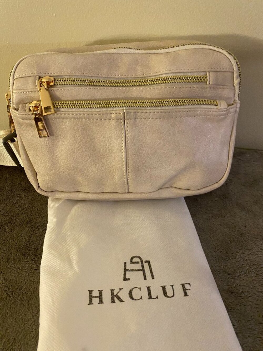 HKCLUF Cream Vegan Leather Crossbody Belt Bag – Multi-Zip, Gold Hardware